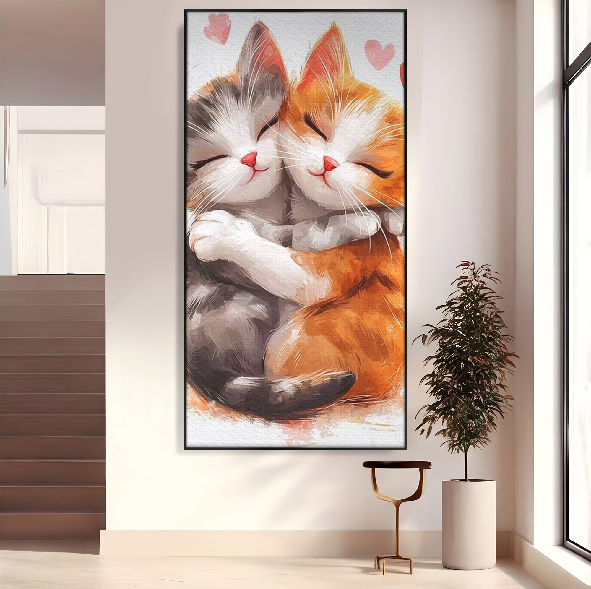 Tablou canvas cu doua pisicute care se imbratiseaza, in rama de aluminiu negru